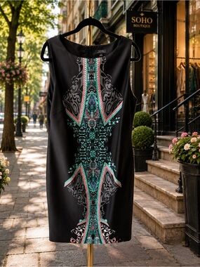 Tahari Arthur S. Levine Black Printed Sheath Dress Size 16